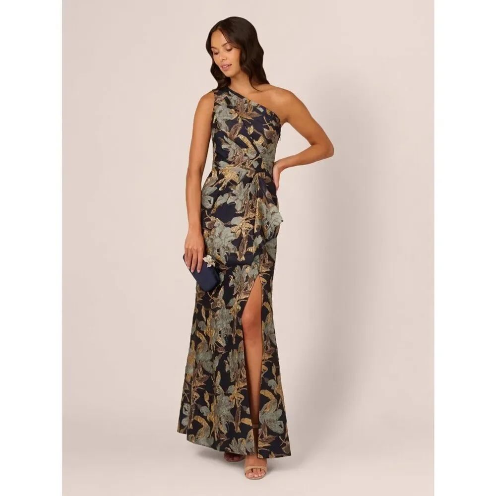 NWT Adrianna Papell Blue Floral Jacquard One Shoulder Mermaid Gown Size 16